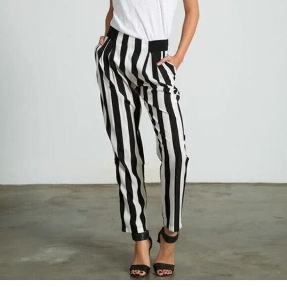 NWT Sans Souci Striped Lightweight Satin Feel Trouser Ankle Pant XL Black White